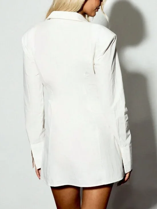 White Sexy Women's Lace-Up Front Long Sleeve Button-Down Collared Shirt Dress - Picture 2 of 5